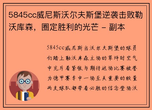 5845cc威尼斯沃尔夫斯堡逆袭击败勒沃库森，圈定胜利的光芒 - 副本